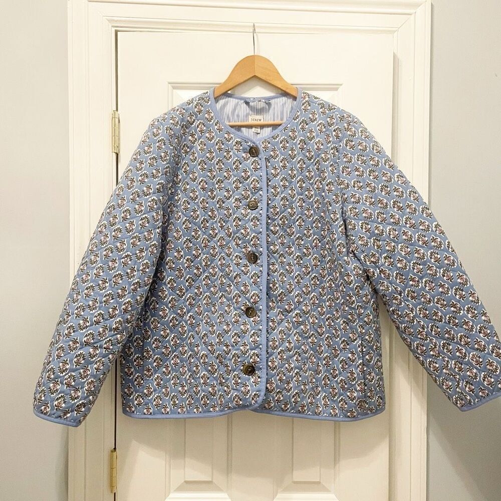 J. Crew Quilted Jacket Block Printed Floral Size 20 Button Front Cottagecore - Picture 2 of 8